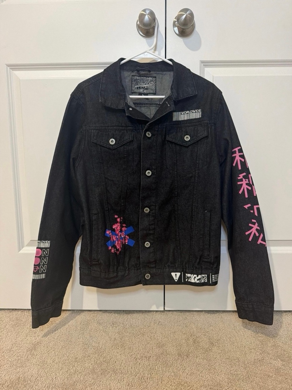 Brooklyn Cloth Black Denim Jacket with Pink & Blue Graphic Accents